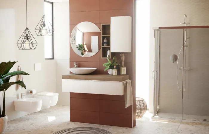 Ambientazione moderna effetto pietra per bagno