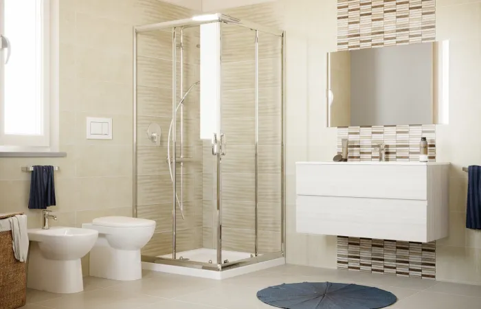 Ambientazione moderna color sabbia per bagno
